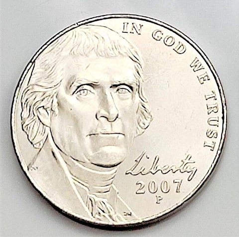 2007 P Jefferson Nickel - BU Coin Pulled from an OBW Roll Cover