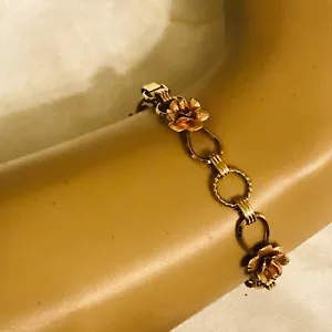 KREMENTZ "DIANA ROSE" GOLD TONE FLOWER LINK CHAIN BRACELET - Picture 1 of 6