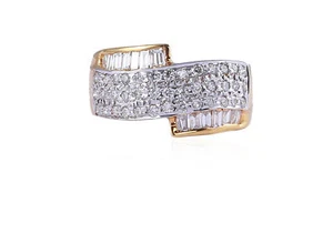 Pave 0.91 Cts Round Baguette Cut Natural Diamonds Wedding Ring In 585 14K Gold - Picture 1 of 3