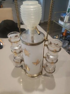Vintage Art Libbey Blattgold Glas Schnaps Pump Dekanter und 6 Schnapsgläser funktioniert - Bild 1 von 9