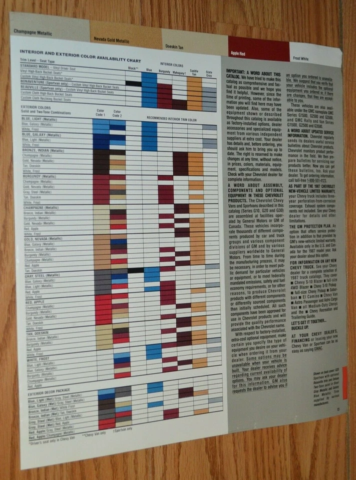Chevy Van 1987 tabla de códigos de colores anuncio de concesionario original 87 G20 G30 Foto 1 de 2