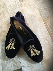 Ramon Tenza New Navy Velvet Slipper Shoes W/ Gold Embellished Tassels Sz 8 - Picture 1 of 6