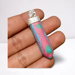 Wow Rainbow Calsilica Gemstone Pencil Pendant 925 Sterling Silver Plated Jewelry - Picture 1 of 5