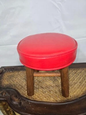 Vintage 10” Small Red Round Vinyl Foot Stool - Image 1 of 4