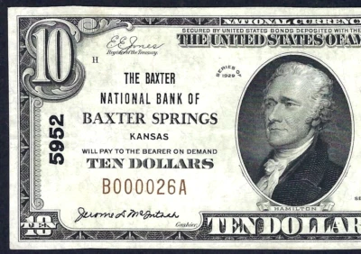 🇺🇸 KS 1929 $10 ♚♚ BAXTER SPRINGS, KANSAS ♚♚ PCGS VERY FINE 30 BOLD COLOR - Image 1 of 3