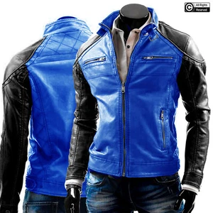 Chaqueta de Cuero Real Genuino para Hombre Azul Negra Motocicleta Café Café Moda - Imagen 1 de 10