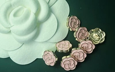 8 Gold Tone C C Camellia Metal Buttons , Pink. 13mm - Image 1 of 2