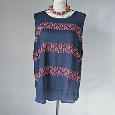 NWT Lucky Brand Floral Embroidered Tunic Top Sleeveless Navy Blue Women Sz.L $60