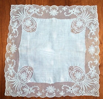 ANTIGUO VINTAGE HANKY VICTORIANO EDUARDIANO INUSUAL GRIS ENCAJE LINO CENTRO  Foto 1 de 4