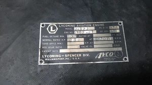 AVCO LYCOMING MODEL 0-320 AIRCRAFT/AIRPLANE MOTOR/ENGINE DATA TAG/PLATE ONLY - Bild 1 von 2
