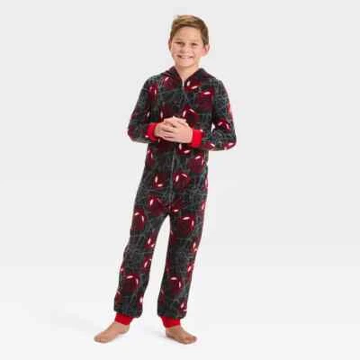 Boys Spiderman One Piece Pajamas Miles Morales Costume Union Suit 4 6 8 10 12 14 - Image 1 of 4