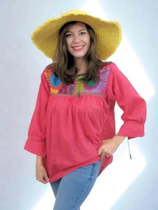 Rococo Mexican Blouse Embroidered Floral Top One Size M–XL Cotton 3/4 Sleeve - Picture 1 of 10
