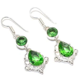 Green Tsavorite Gemstone Handmade 925 Starling Silver Jewelry Earring Size 2.3" - Picture 1 of 1
