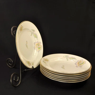 Thomas Bavaria Set of 7 Smooth Rimmed Soup Bowls Pastel Poppy w/Gold 1946-1949 - Image 1 of 4