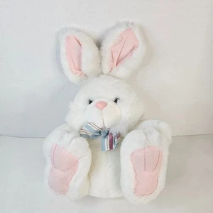 Commonwealth White Easter Bunny Plush Rabbit Pink Ears Feet Striped Bow Stuffed - Picture 1 of 11