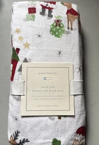 NEW Pottery Barn Kids North Pole  Flannel Crib Fitted SHEET Santa Reindeer - Picture 1 of 4