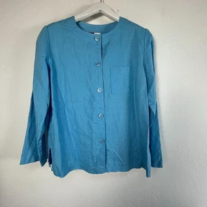 JM Collection by Jennifer Moore Womens Blue Linen Button-Down Shirt Top Size 12 - Picture 1 of 7