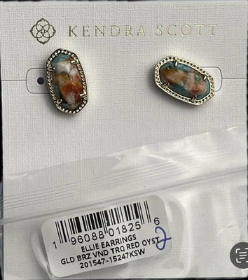 Kendra Scott Ellie VTG Gold Etch Frame Stud Earrings Bronze Veined 9608801825 -2 - Image 1 of 4