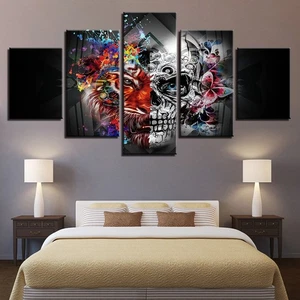 Horror Human Skull Tiger Abstract Canvas Prints Painting Wall Art Home Decor 5P - Picture 1 of 5