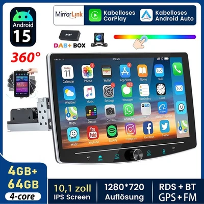 DAB+ Android 15 CarPlay Autoradio 1 DIN 360° Drehbar Bildschirm GPS NAVI 4+64GB - Bild 1 von 4