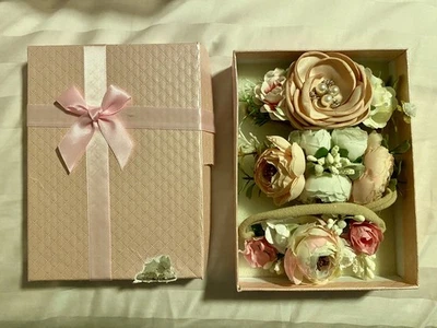 Baby Peach Pink White Headband Set of 3 Floral Hair Bow Toddler Girls - Image 1 of 4