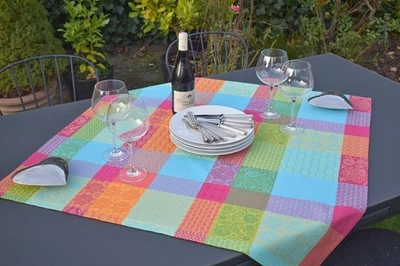 Tablecloth Jacquard Cotton 39 3/8x39 3/8in Turquoise Pink France With - Image 1 of 4