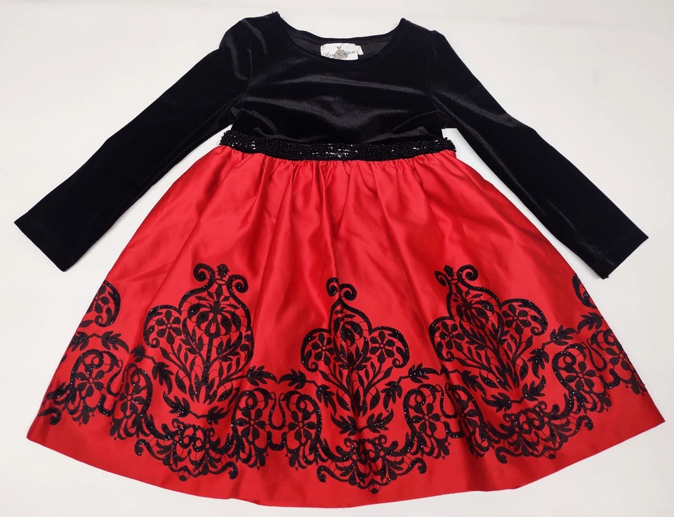 Rare Editions Girl’s Size 4T Black Red Flocked Long Sleeve Velvet Party Dress - Image 1 of 4