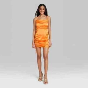 Women's Sleeveless Ruched Side Bodycon Dress - Wild Fable Orange Satin XS - Picture 1 of 2