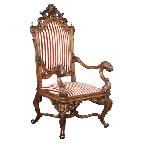 Large Heavily Carved Figural Victorian Walnut Throne Chair with Putti Cherubs Cover