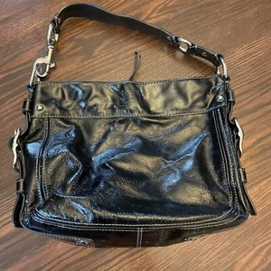 COACH Black Leather Shoulder Purse Purple Liner Buckle Shiny - Picture 1 of 10