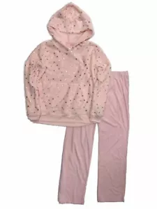 Womens Plush Pink & Gold Foil Star Pajamas Fleece Hoodie & Kint Sleep Pants Med - Picture 1 of 2