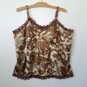 Vtg Fashion Bug Womens 20 Y2K Lace Trim Silky Cami Top Paisley Babydoll Brown - Picture 1 of 6