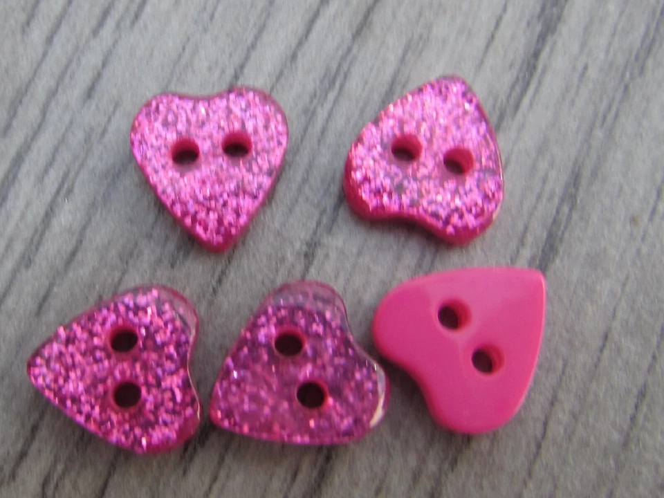 15mm Pink Glitter Heart Buttons 2 Hole Sew On In Pack sizes of 5, 10 or 20 - Image 1 of 1