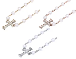 Divinity Cross 9 1/2 CT Real Diamond Pendant with Beaded Synthetic Pearls Cha... - Picture 1 of 9