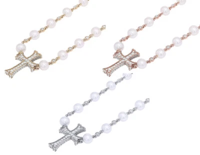 Divinity Cross 9 1/2 CT Real Diamond Pendant with Beaded Synthetic Pearls Cha... Foto 1 de 4