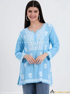 Powder Blue Hand Embroidered Chikankari Short Kurta Lucknowi Chikan Short Top - Picture 1 of 8