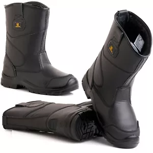 MENS LEATHER RIGGER SAFETY STEEL TOE CAP BOOTS FUR LINED BLACK WELLIES SIZE 4-15 - Picture 1 of 1