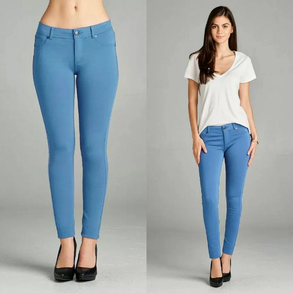 Blue Women Super Stretchy Skinny Long Ponte Pants 5-Pocket Zipper Button - Imagem 1 de 1
