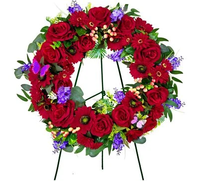 Cemetery Wreath for Grave, Red Roses Memorial Wreath with 30 Inch Easeal Stan... - Image 1 of 4