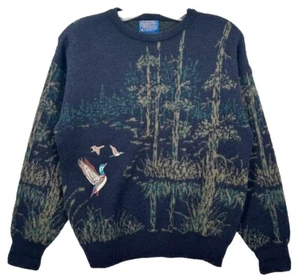 VTG Pendleton Sweater Virgin Wool Navy Embroidered Mallard Duck LOBO L Perfect D - Picture 1 of 9
