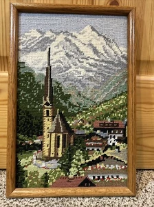 Vintage Handmade Completed Framed Needlepoint Tapestry Swiss Alps Village - Picture 1 of 7