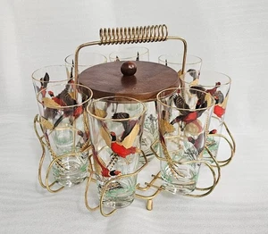 Hazel Atlas Glass Pheasant Cocktail Soda Glasses Ice Bucket Vintage Caddy Set - Picture 1 of 12