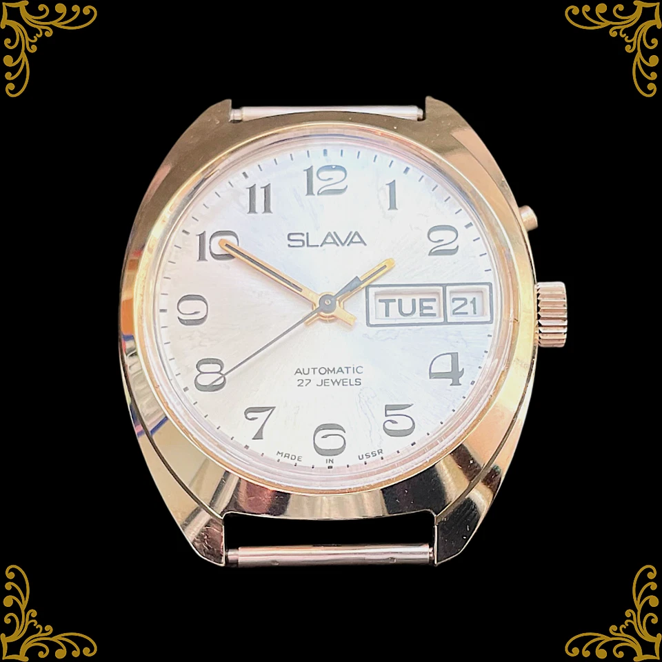 Slava Automatik 27 Jewels UdSSR | Vintage | Day-Date | goldfarben | ungetragen - Bild 1 von 3