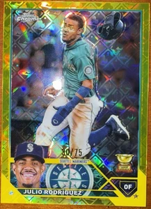 2023 TOPPS CHROME LOGOFRACTOR YELLOW REFRACTOR JULIO RODRIGUEZ /75 ROOKIE CUP - Picture 1 of 2