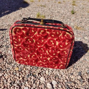 Vintage Red Velvety Scroll Plush Carpetbag Handbag Purse - Broken Strap Handle - Picture 1 of 16