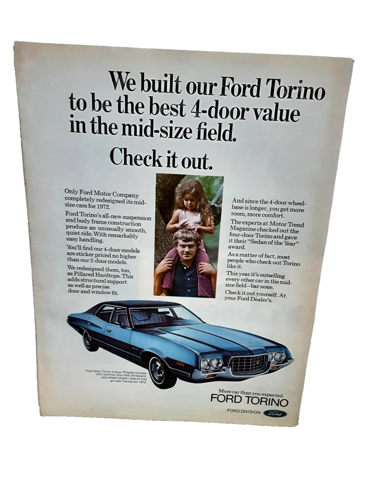 Ford Torino 1972 anuncio sedán de 4 puertas azul valor mediano coche impreso vintage Foto 1 de 1