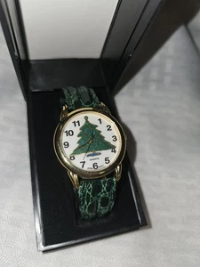 Reloj Árbol NAVIDAD Correa Cuero Verde Vintage Tono Dorado Cuarzo Japón - Imagen 1 de 6