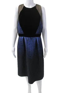 Carmen Marc Valvo Womens Back Zip Velvet Trim Metallic Dress Blue Black Size 12 - Picture 1 of 6