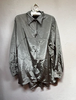 Camisa King One Paris Mujer Manga Larga Botón Frontal Satinado Brillante Top Verde 1 Foto 1 de 4