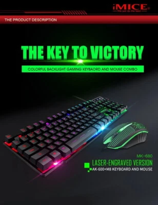 Gaming Leuchtende Tastatur Maus Combo RGB LED 2400DPI USB Kabel iMice KM-680 - Bild 1 von 4